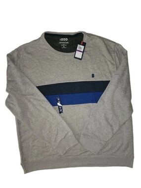 Izod Gray Crewneck Sweater with Navy and Blue Chest Stripes